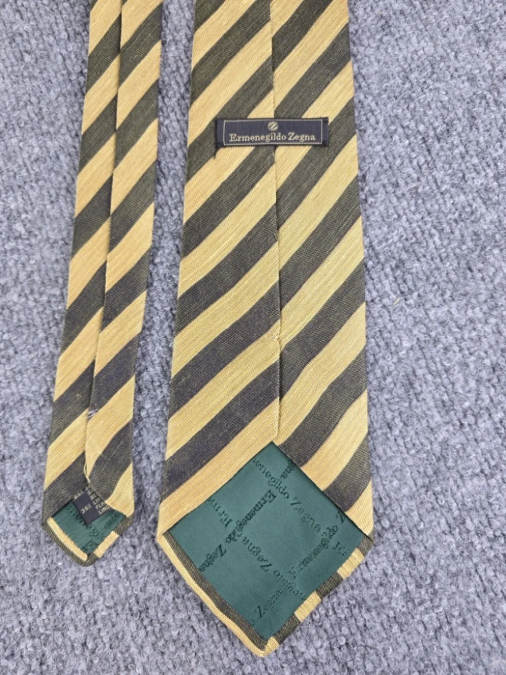 Ermenegildo Zegna Silk Linen Striped Tie Muted Gold Charcoal Grey Made In Italy